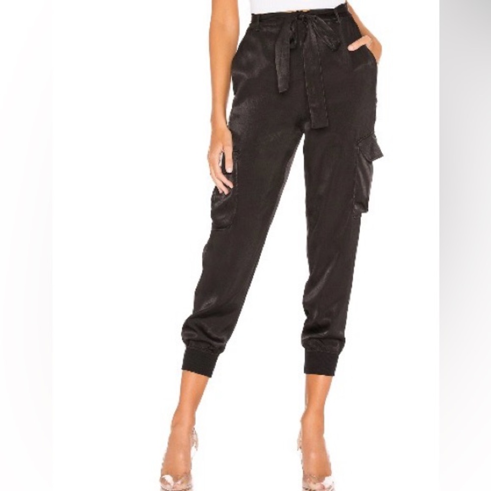 Lovers & Friends Black Satin Cargo Joggers